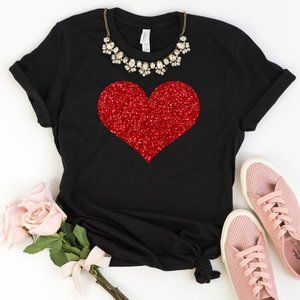 NEW Womens Red Glitter Heart Valentines T shirt